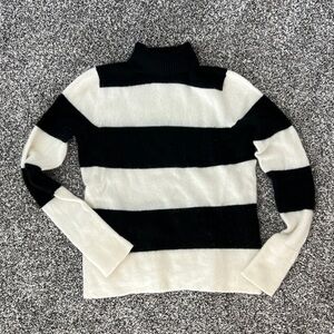 Black and White Striped Turtleneck Cashmere Sweater